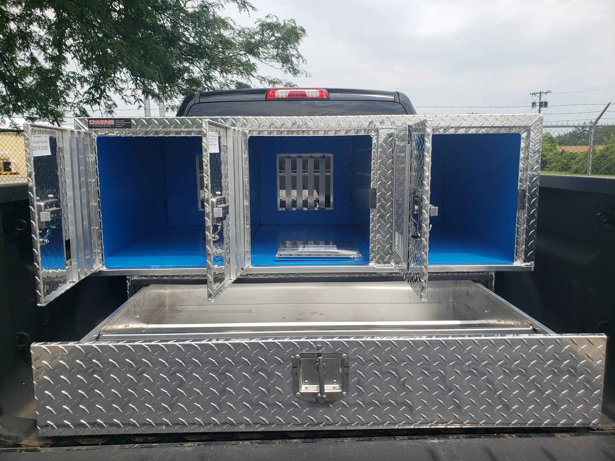 Dog Box 55111 Triple Compartment Bottom Storage Dog Box / 58 W X 40 D X 29 H / Diamond Tread Aluminum / Owens Products Pro Hunter Series Owens Products