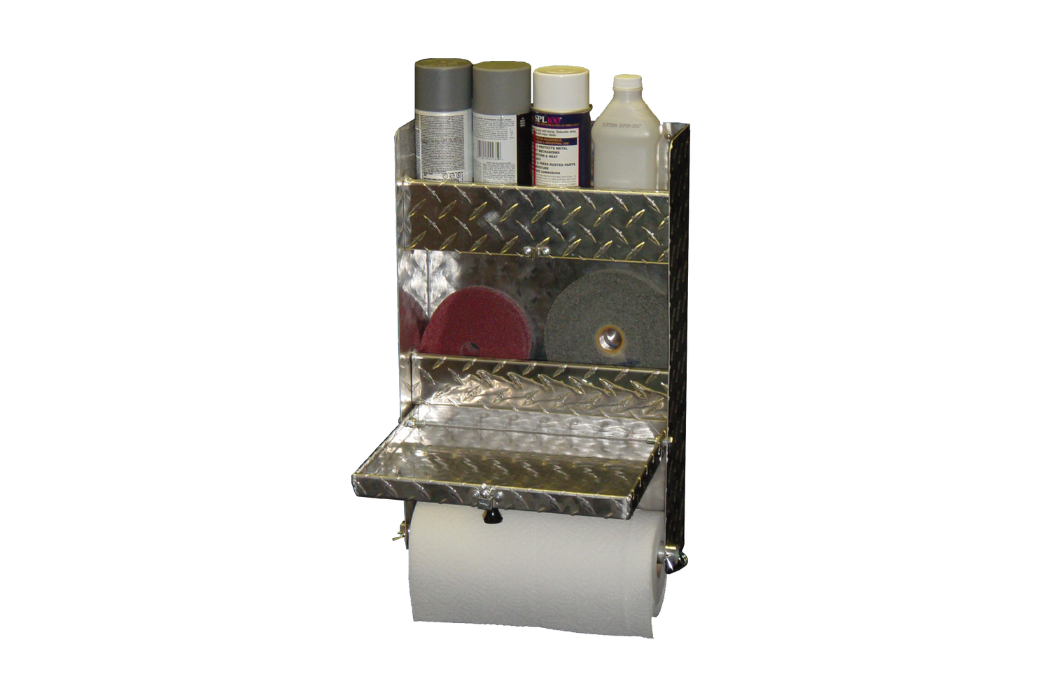 RaceMates 39200 Small Mechanics Storage Cabinet / Fold Down Tray & Paper Towel Holder / Diamond Tread Aluminum / Owens Products