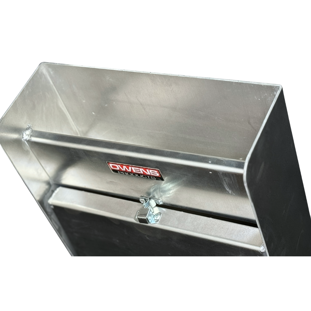 Small Mechanics Storage Cabinet With Fold Down Tray & Paper Towel Holder / RaceMate / Smooth Mill Finish Aluminum / Silver / Owens Products / 39100