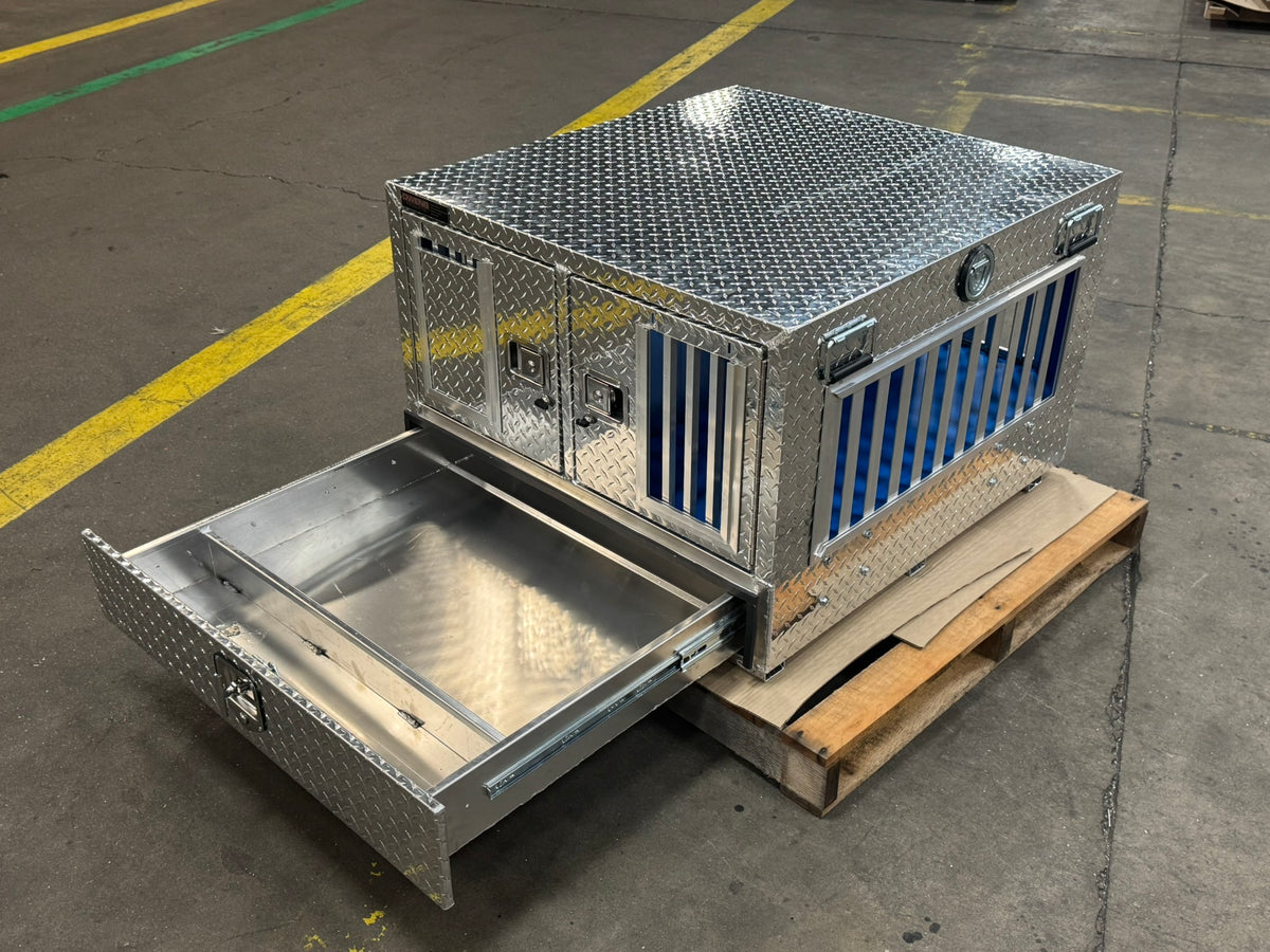 Dog Box 55023W Pro Hunter Series Double Compartment with Bottom Drawer / 38 W x 40 D x 26 H / All Seasons Vents / Diamond Tread Aluminum / Owens Products Pro Hunter Series Owens Products
