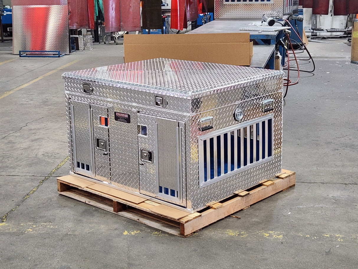 Dog Box 55109 Double Compartment Top Storage Dog Box / 48 W X 40 D X 25 H / All Season Vents / Diamond Tread Aluminum / Animal Control Dog Box / Owens Products Hunter Series Owens Products
