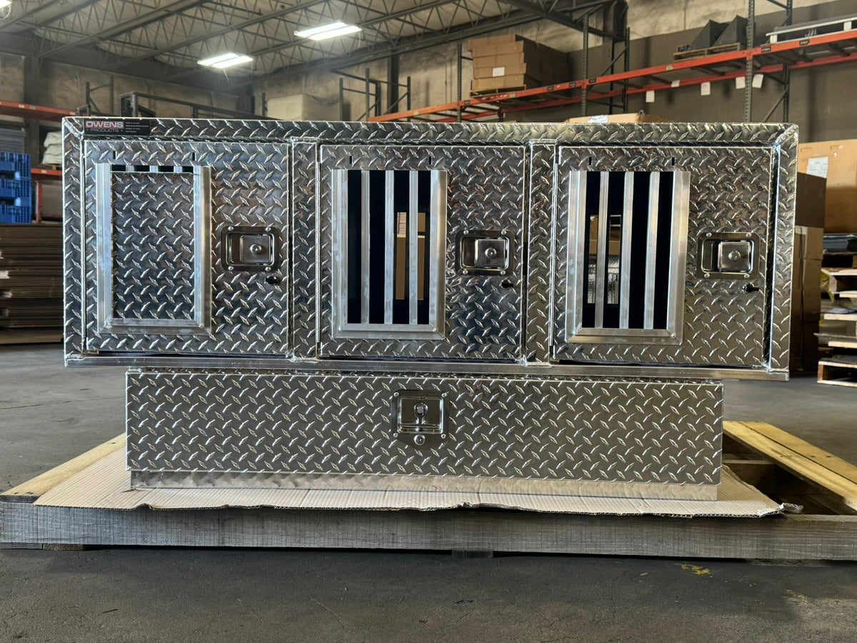 Dog Box 55111 Triple Compartment Bottom Storage Dog Box / 58 W X 40 D X 28 H / Diamond Tread Aluminum / Owens Products Pro Hunter Series Owens Products