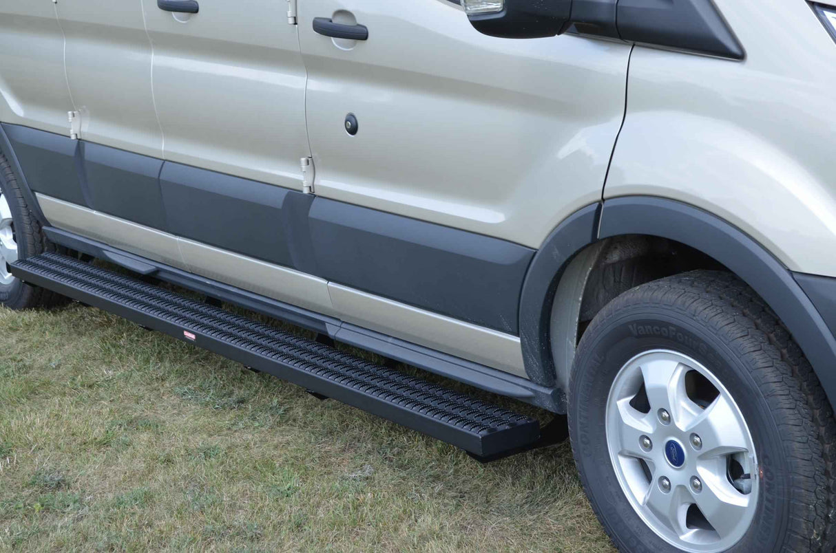 Running Boards Grip Strut Commercial 15-18 Ford Transit Van Full Length Both Sides 2 Inch Riser 148 Inch Aluminum Textured Black Owens Products Running Boards Owens Products