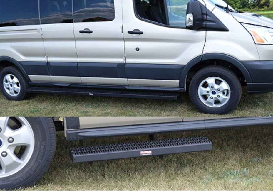 Running Boards Grip Strut Commercial 15-18 Ford Transit Van Short Driver/Long Passenger 148 Inch Aluminum Textured Black Owens Products Running Boards Owens Products