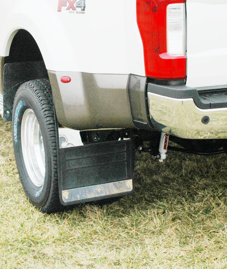 Mud Flaps Classic Series Mudflaps Dually Rubber Stainless Steel 17-18 Ford F350 Super Duty Pickup Long Bed Rubber/Stainless Steel Black Owens Products