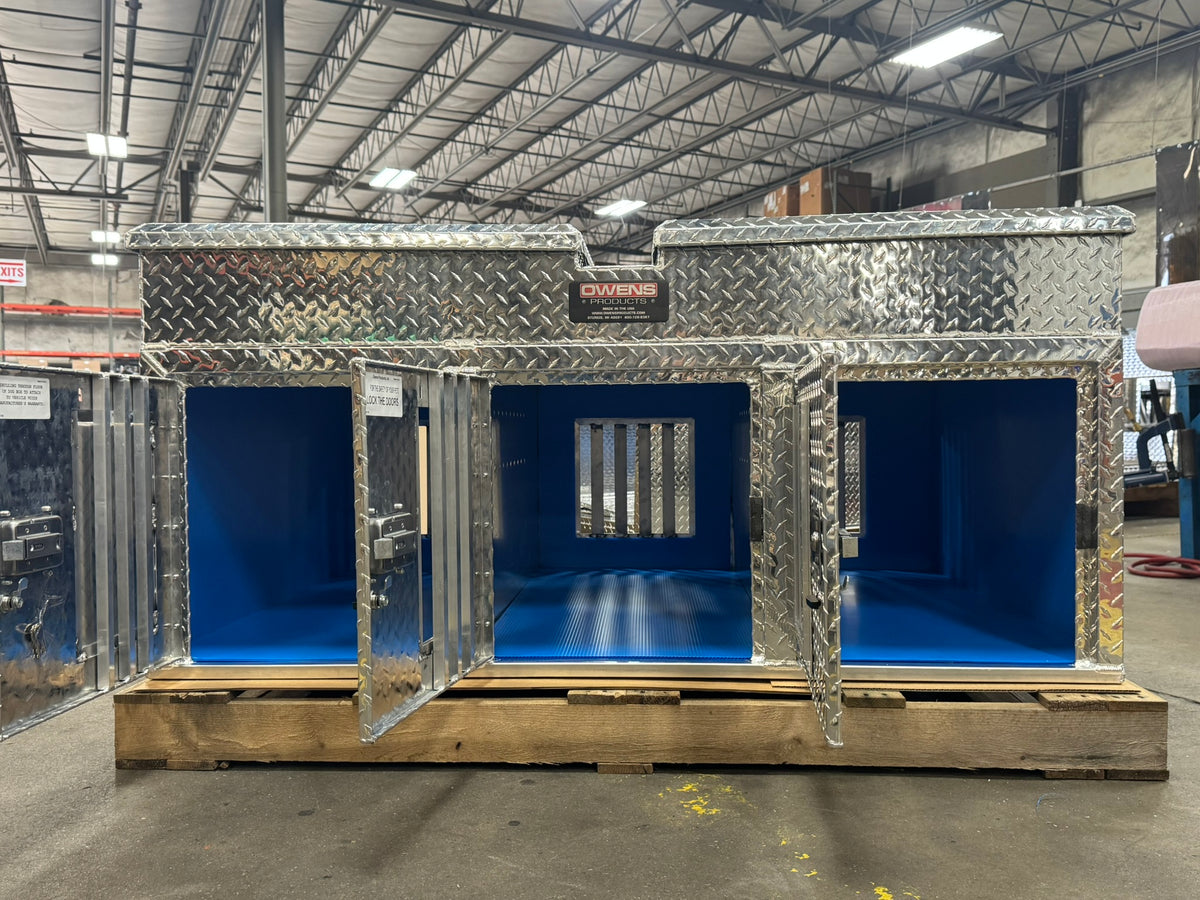 Dog Box 55074 Hunter Series Triple Compartment Top Storage Dog Box / 58 W X 40 D X 26 H / All Seasons Rear Vents / Diamond Tread Aluminum / Owens Products Hunter Series Owens Products