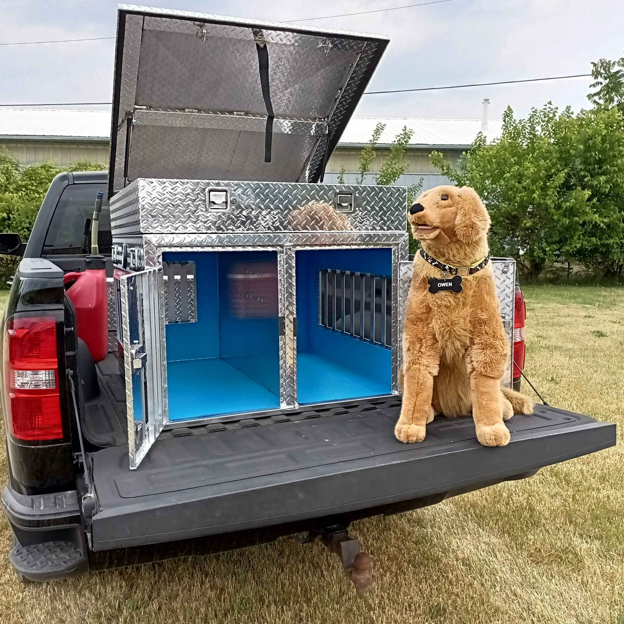 Dog Box 55107 Double Compartment Top Storage Dog Box / 38 W X 40 D X 25 H / All Season Vents / Diamond Tread Aluminum / Animal Control Dog Box / Owens Products Hunter Series Owens Products