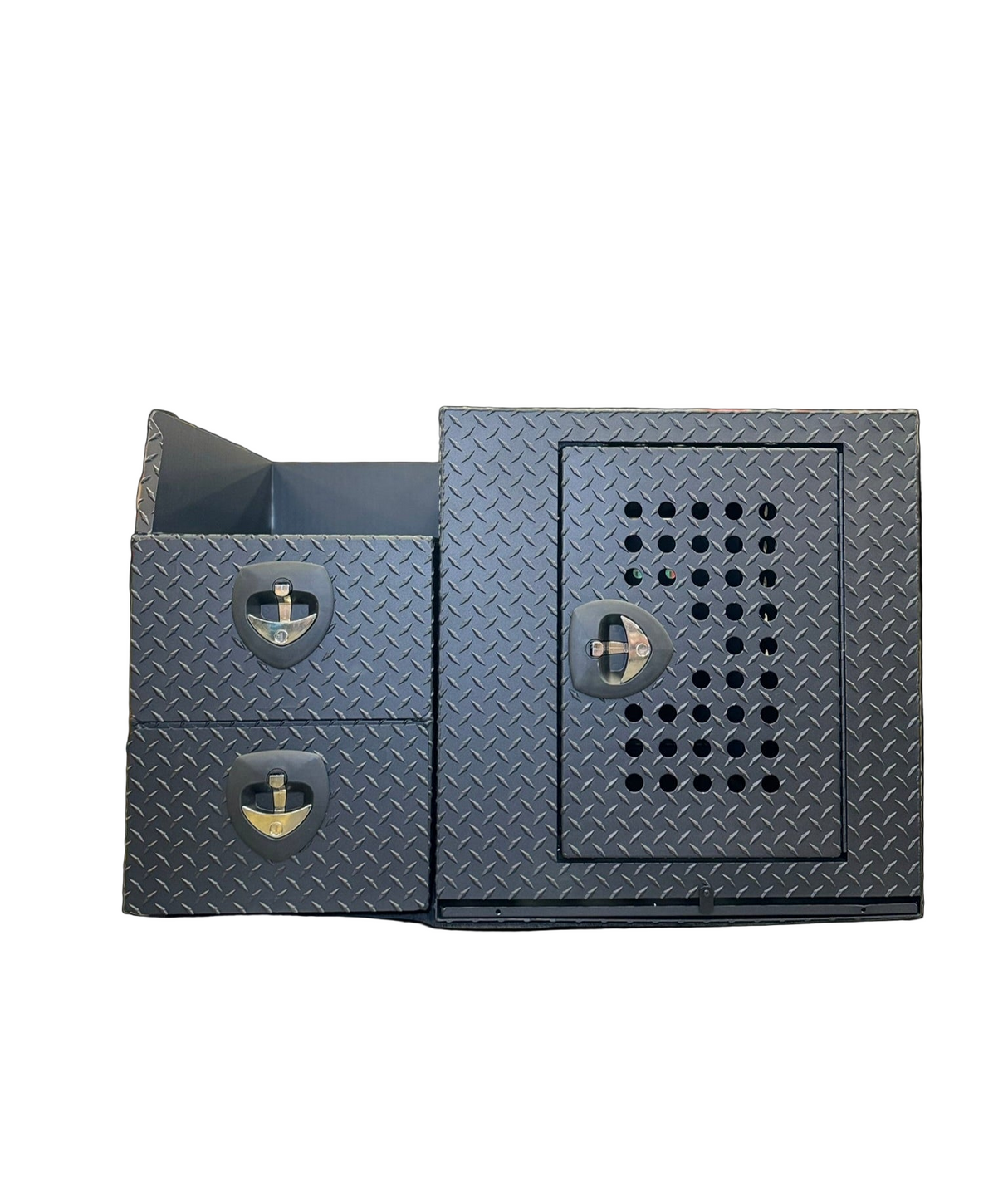 Dog Crate 55500 Professional K9 Series Rear Deployment Unit / Single Compartment / Side Drawer Storage / 45 W X 38 D X 31 H / Holes for Ventilation / Black / Diamond Tread Aluminum / Owens Products Professional K9 Series Owens Products