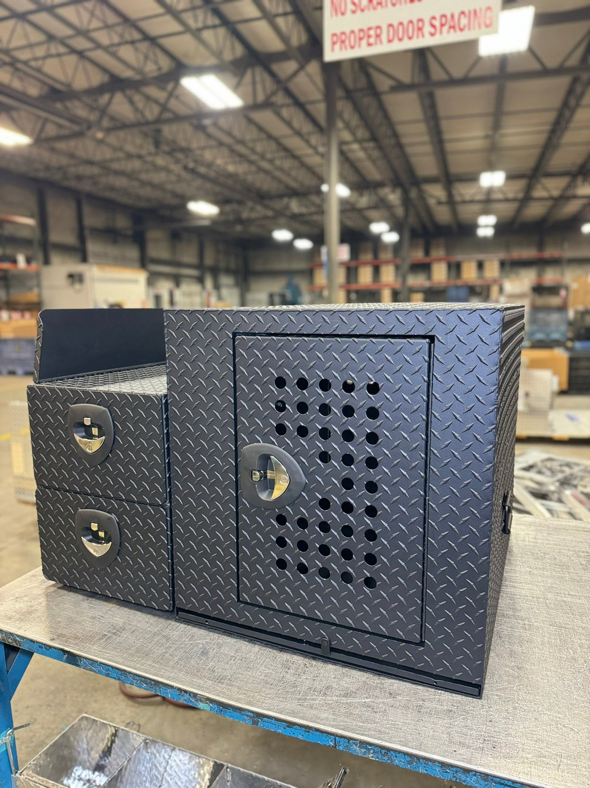 Dog Crate 55500 Professional K9 Series Rear Deployment Unit / Single Compartment / Side Drawer Storage / 45 W X 38 D X 31 H / Holes for Ventilation / Black / Diamond Tread Aluminum/ Owens Products