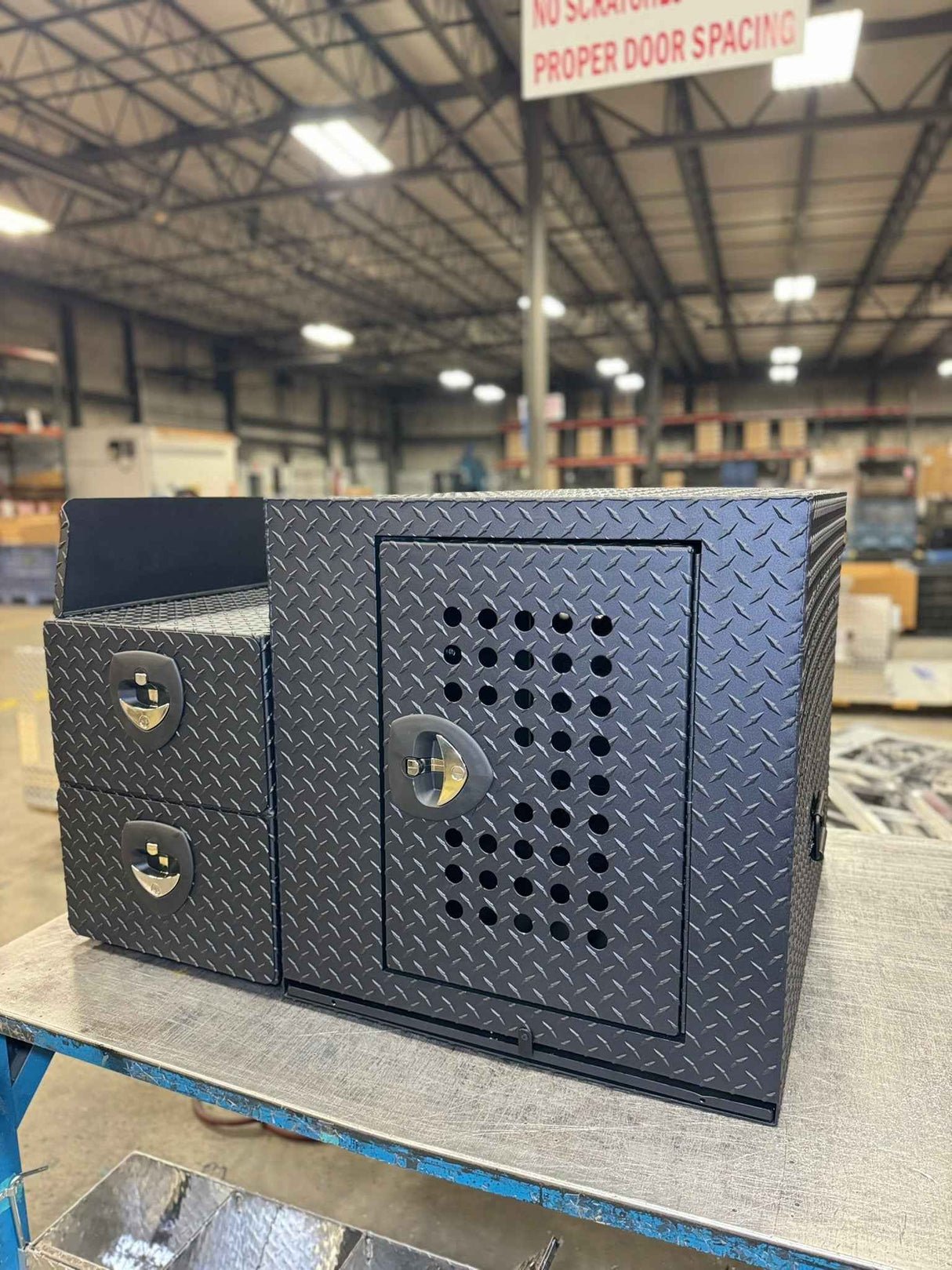 Dog Crate 55500 Professional K9 Series Rear Deployment Unit / Single Compartment / Side Drawer Storage / 45 W X 38 D X 31 H / Holes for Ventilation / Black / Diamond Tread Aluminum / Owens Products Professional K9 Series Owens Products