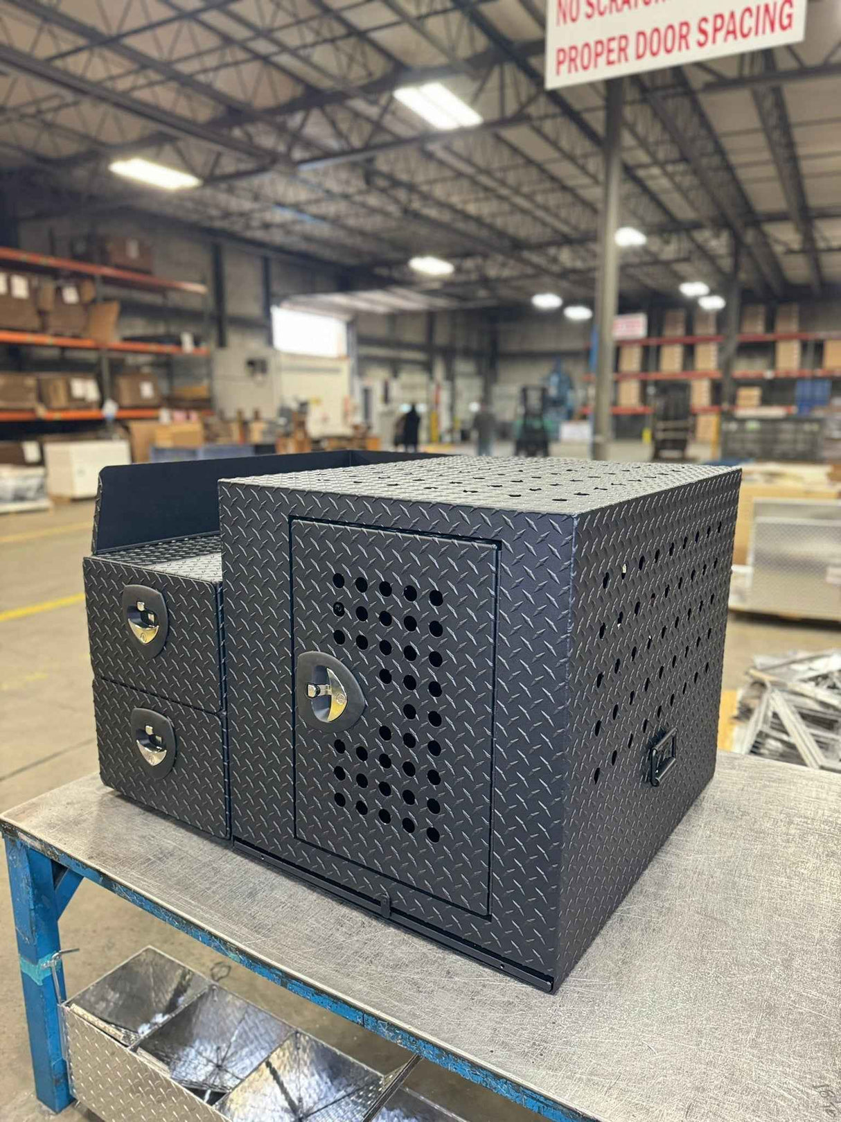 Dog Crate 55500 Professional K9 Series Rear Deployment Unit / Single Compartment / Side Drawer Storage / 45 W X 38 D X 31 H / Holes for Ventilation / Black / Diamond Tread Aluminum / Owens Products Professional K9 Series Owens Products