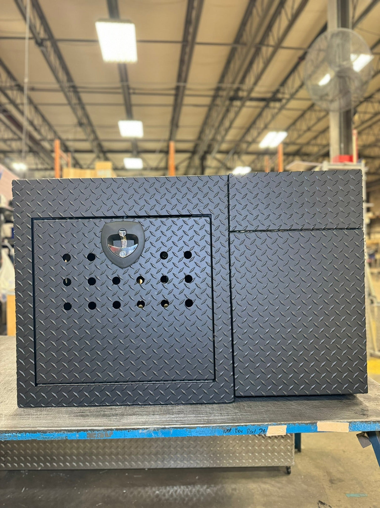 Dog Crate 55500 Professional K9 Series Rear Deployment Unit / Single Compartment / Side Drawer Storage / 45 W X 38 D X 31 H / Holes for Ventilation / Black / Diamond Tread Aluminum/ Owens Products