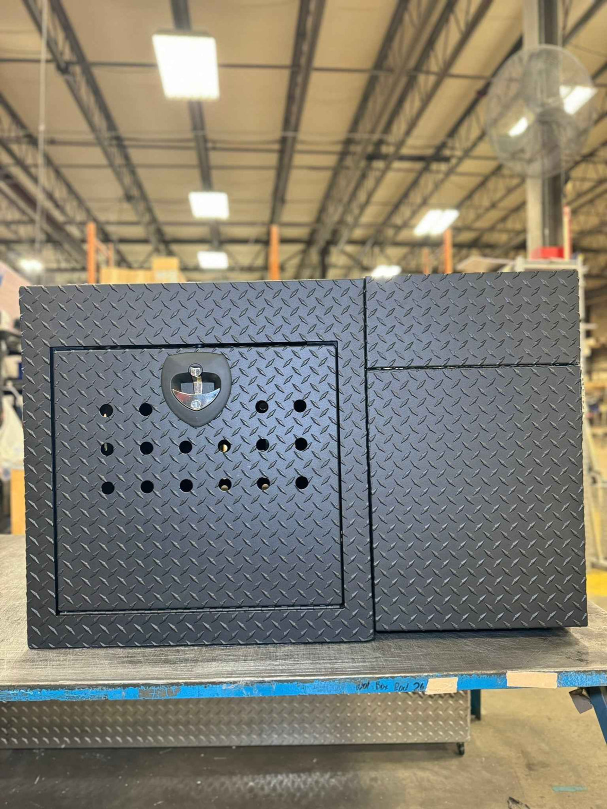 Dog Crate 55500 Professional K9 Series Rear Deployment Unit / Single Compartment / Side Drawer Storage / 45 W X 38 D X 31 H / Holes for Ventilation / Black / Diamond Tread Aluminum / Owens Products Professional K9 Series Owens Products