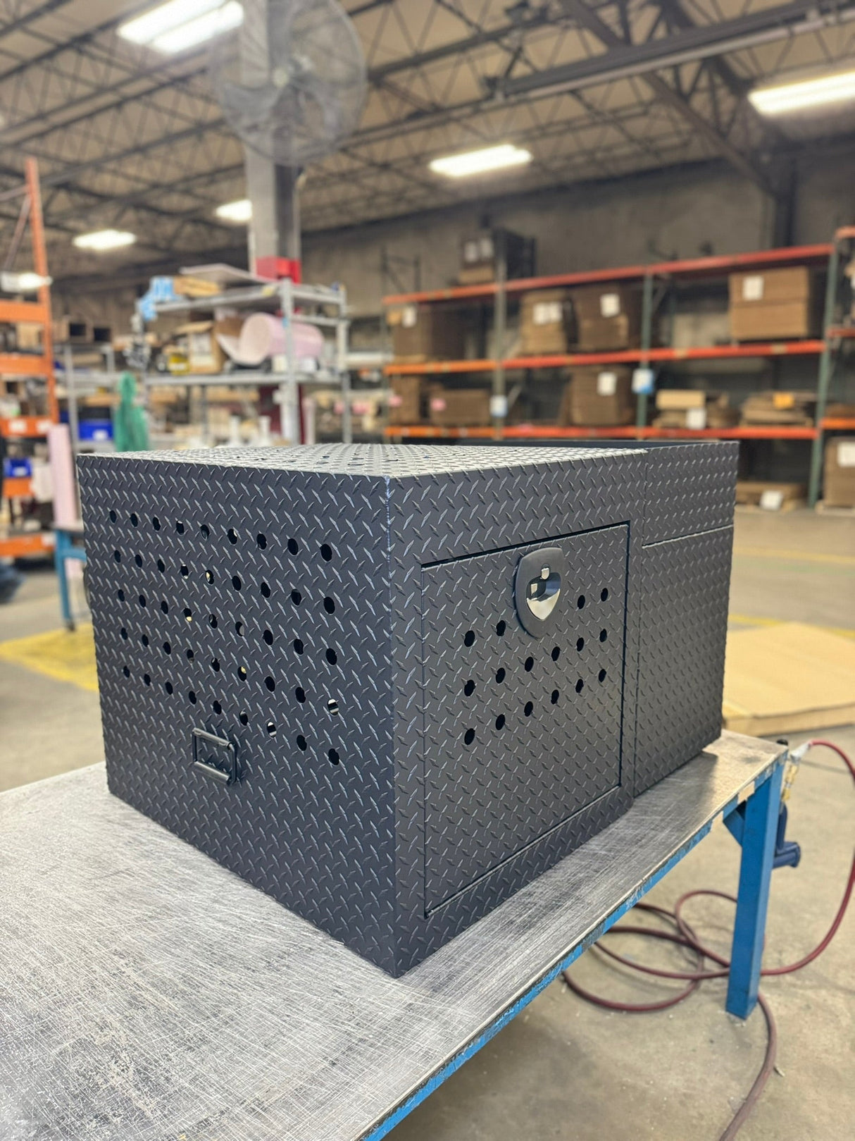 Dog Crate 55500 Professional K9 Series Rear Deployment Unit / Single Compartment / Side Drawer Storage / 45 W X 38 D X 31 H / Holes for Ventilation / Black / Diamond Tread Aluminum/ Owens Products