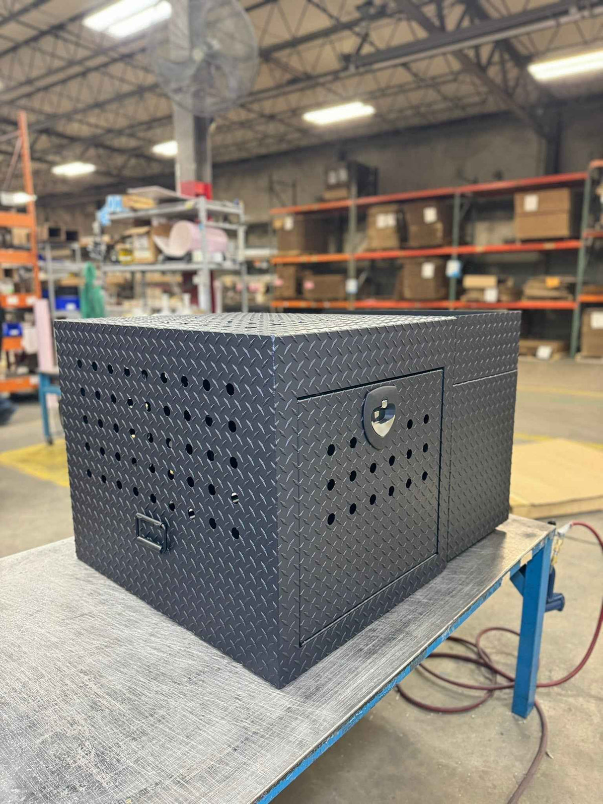 Dog Crate 55500 Professional K9 Series Rear Deployment Unit / Single Compartment / Side Drawer Storage / 45 W X 38 D X 31 H / Holes for Ventilation / Black / Diamond Tread Aluminum / Owens Products Professional K9 Series Owens Products