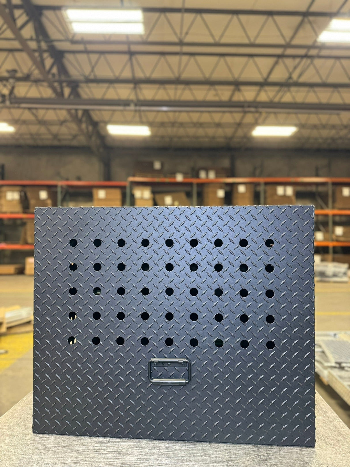 Dog Crate 55500 Professional K9 Series Rear Deployment Unit / Single Compartment / Side Drawer Storage / 45 W X 38 D X 31 H / Holes for Ventilation / Black / Diamond Tread Aluminum/ Owens Products