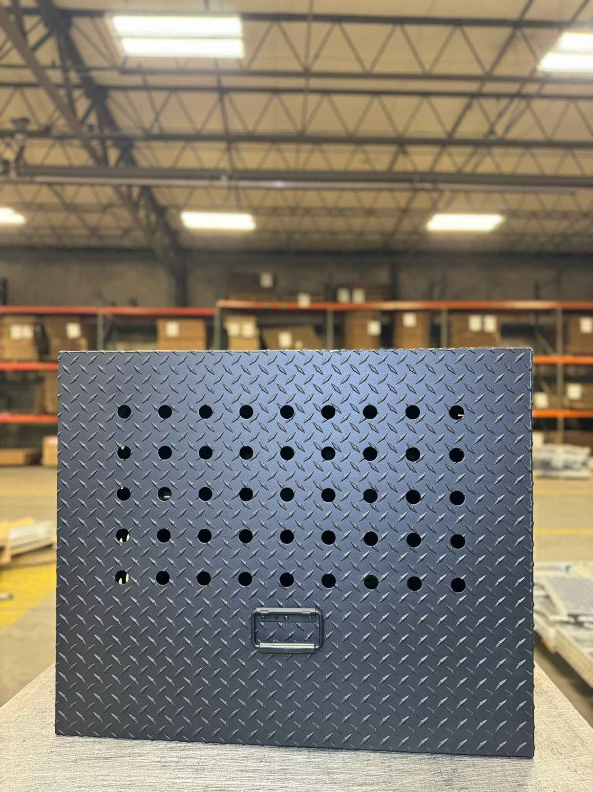 Dog Crate 55500 Professional K9 Series Rear Deployment Unit / Single Compartment / Side Drawer Storage / 45 W X 38 D X 31 H / Holes for Ventilation / Black / Diamond Tread Aluminum / Owens Products Professional K9 Series Owens Products