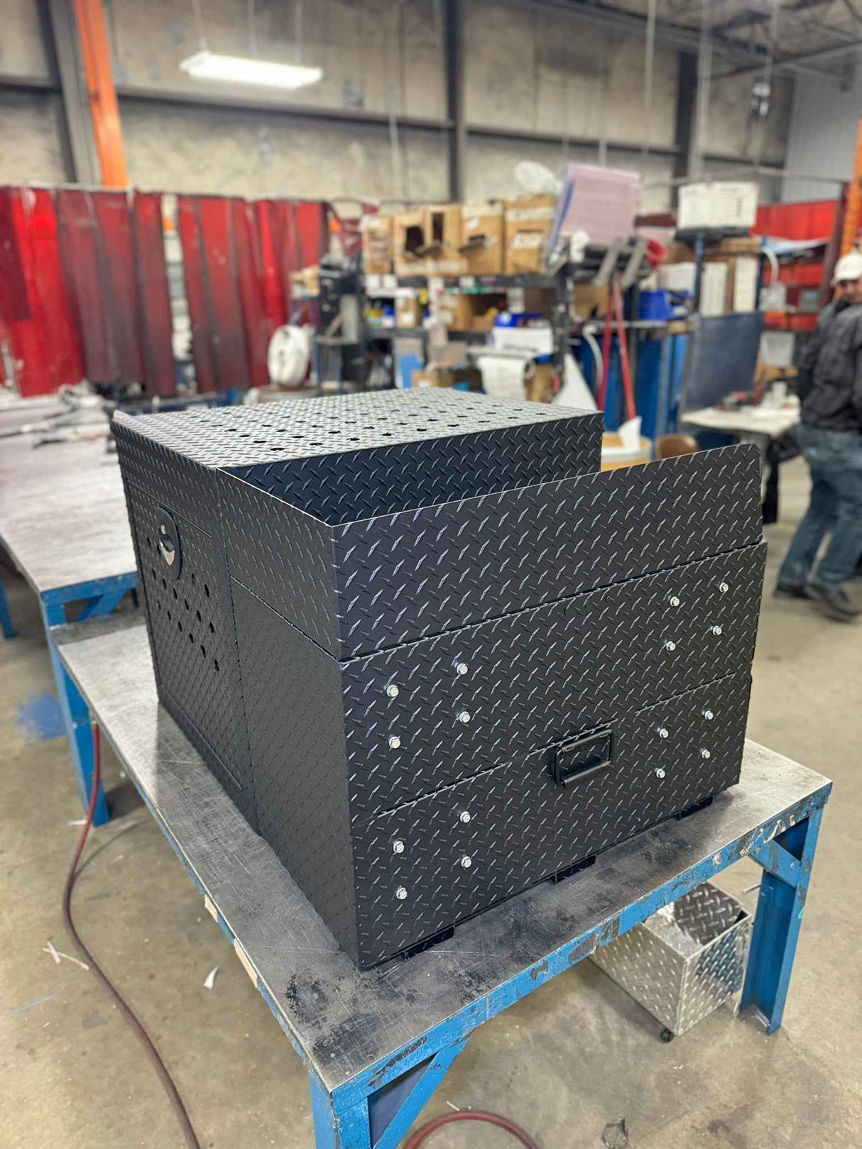 Dog Crate 55500 Professional K9 Series Rear Deployment Unit / Single Compartment / Side Drawer Storage / 45 W X 38 D X 31 H / Holes for Ventilation / Black / Diamond Tread Aluminum / Owens Products Professional K9 Series Owens Products