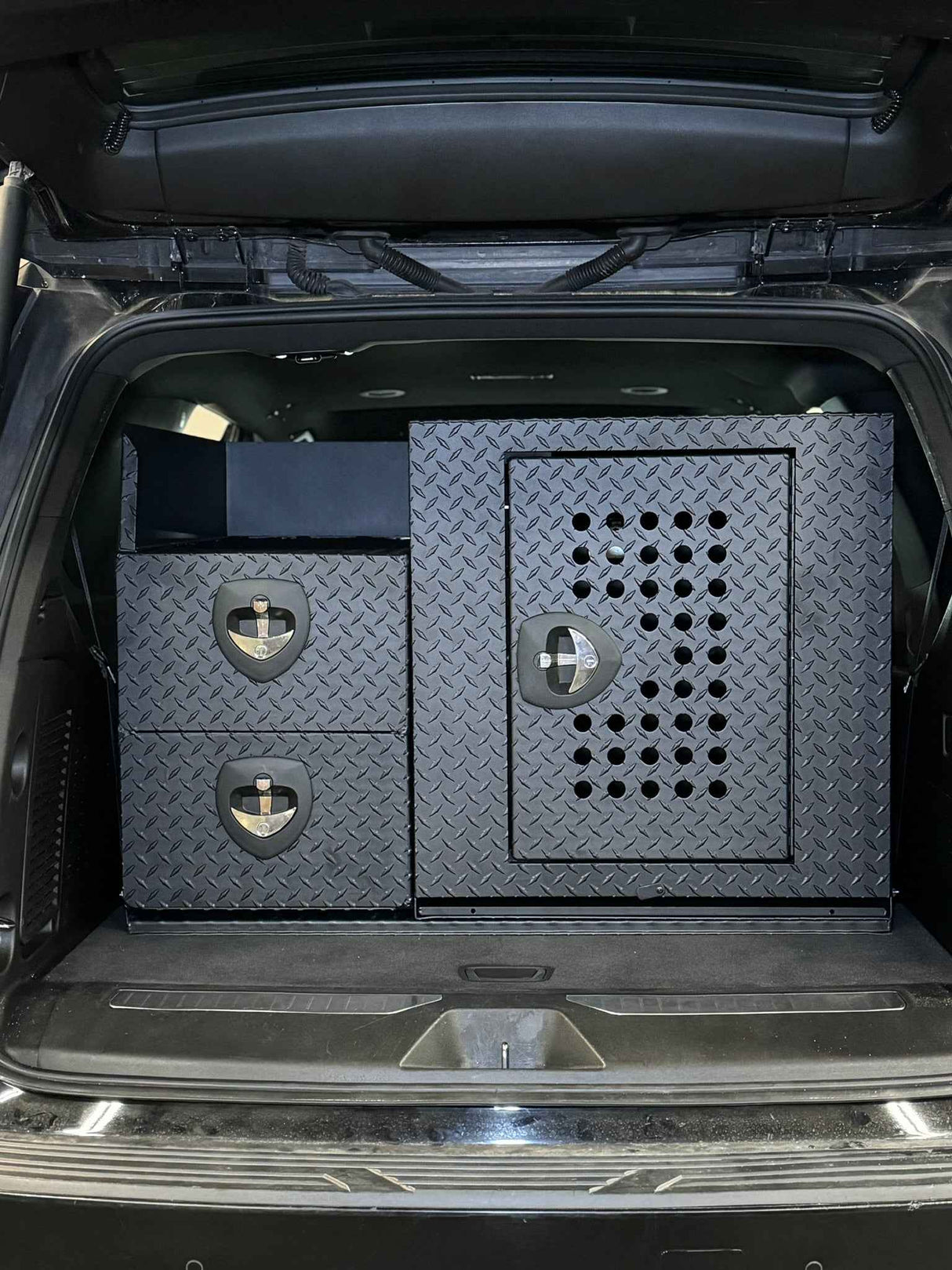 Dog Crate 55500 Professional K9 Series Rear Deployment Unit / Single Compartment / Side Drawer Storage / 45 W X 38 D X 31 H / Holes for Ventilation / Black / Diamond Tread Aluminum / Owens Products Professional K9 Series Owens Products