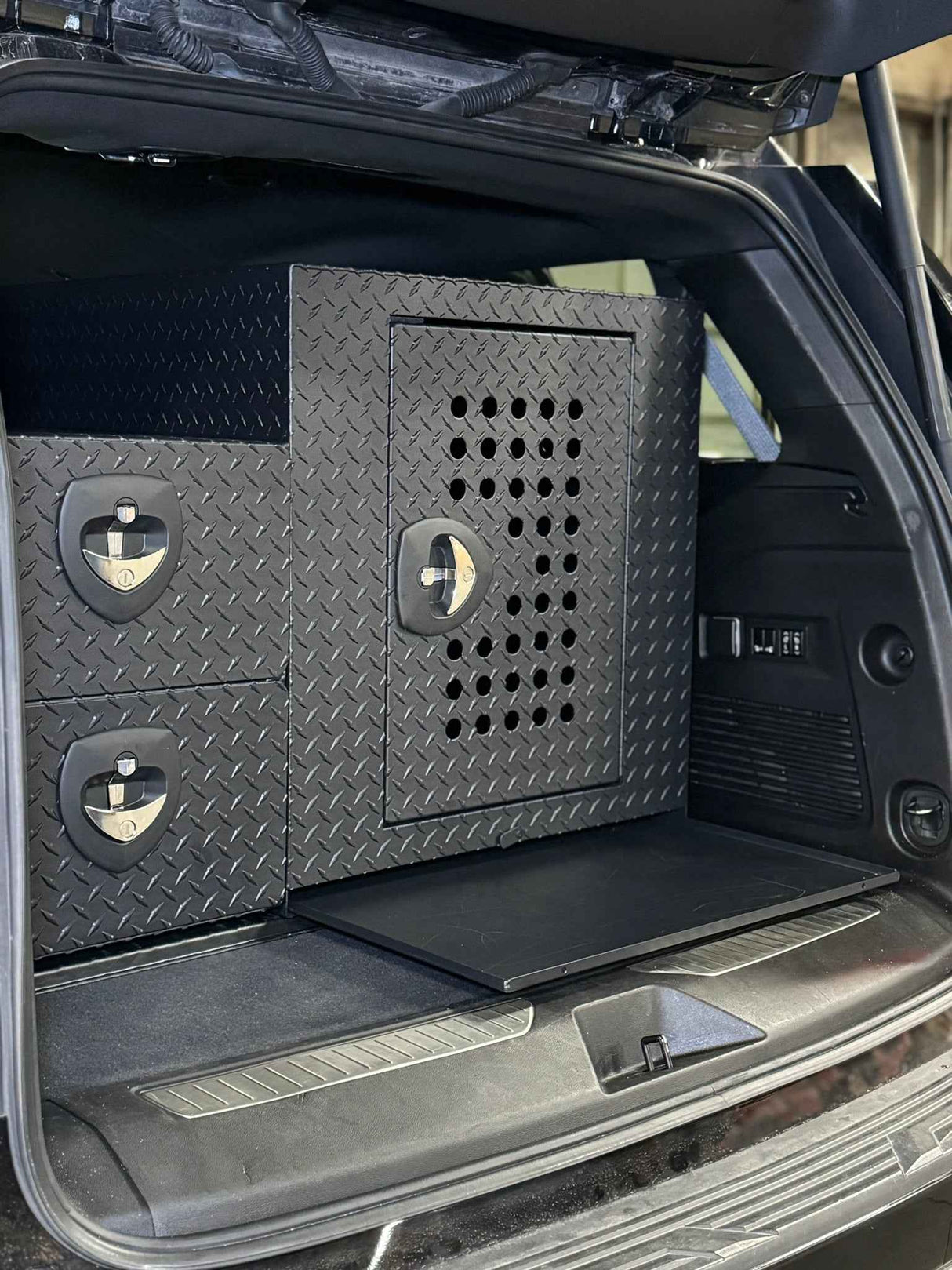 Dog Crate 55500 Professional K9 Series Rear Deployment Unit / Single Compartment / Side Drawer Storage / 45 W X 38 D X 31 H / Holes for Ventilation / Black / Diamond Tread Aluminum / Owens Products Professional K9 Series Owens Products