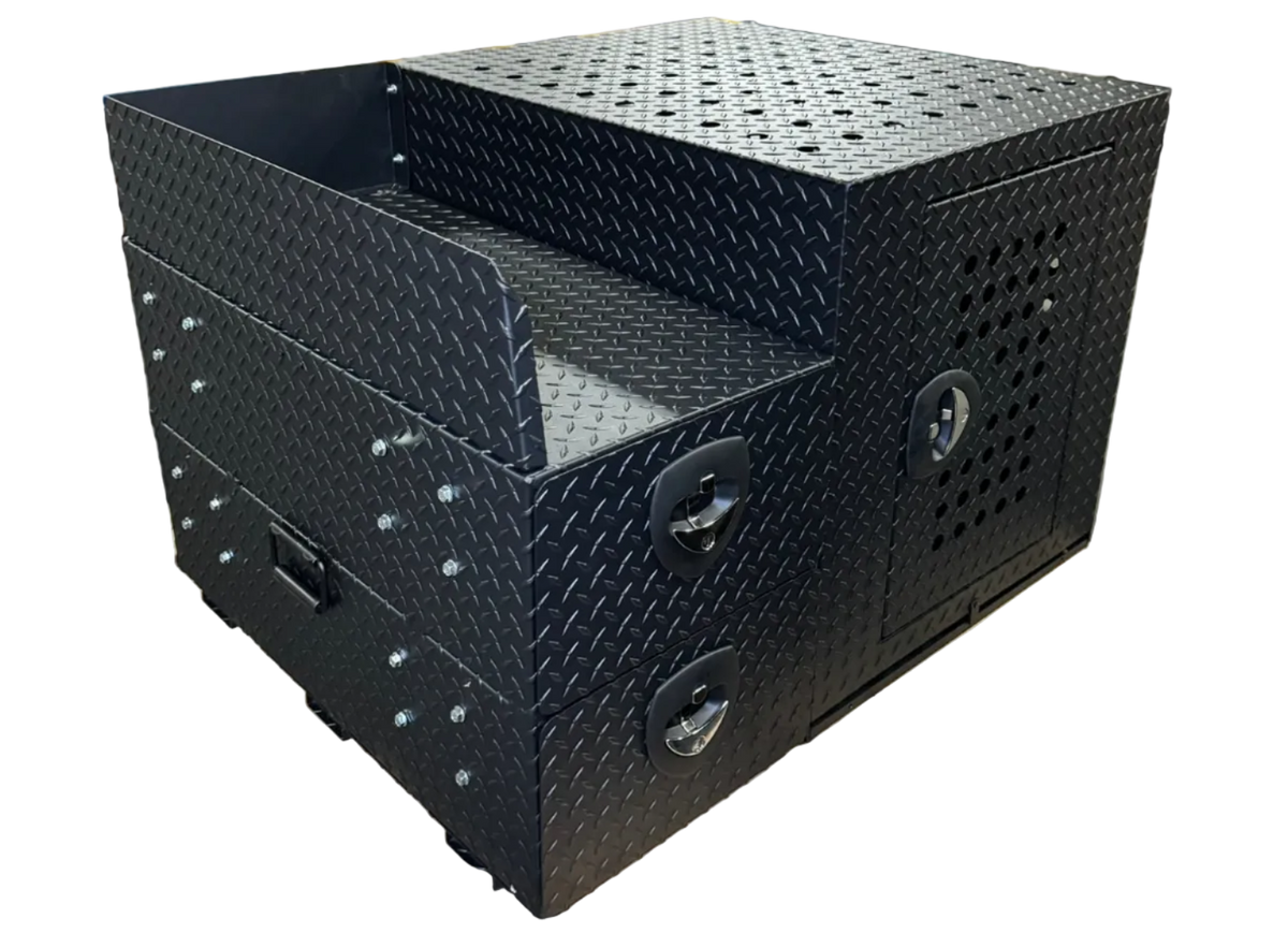 Dog Crate 55500 Professional K9 Series Rear Deployment Unit / Single Compartment / Side Drawer Storage / 45 W X 38 D X 31 H / Holes for Ventilation / Black / Diamond Tread Aluminum / Owens Products Professional K9 Series Owens Products