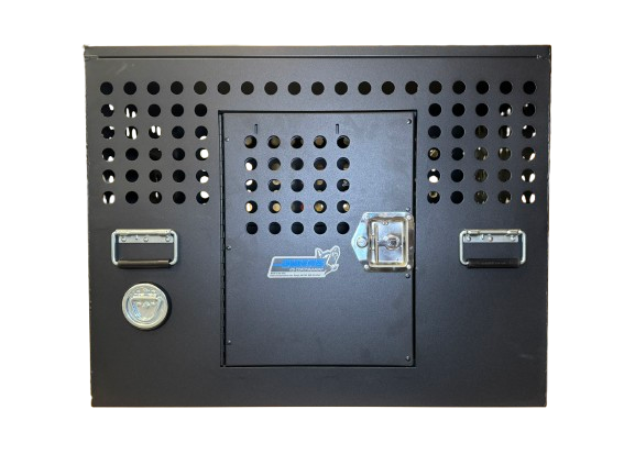 Dog Crate 55335 Professional K9 Series Tactical Single Compartment with Double Doors / End & Side Doors / Black / 36 W x 24 D x 29 H / Holes for Ventilation / Mill Finish Aluminum / Owens Products Professional K9 Series Owens Products
