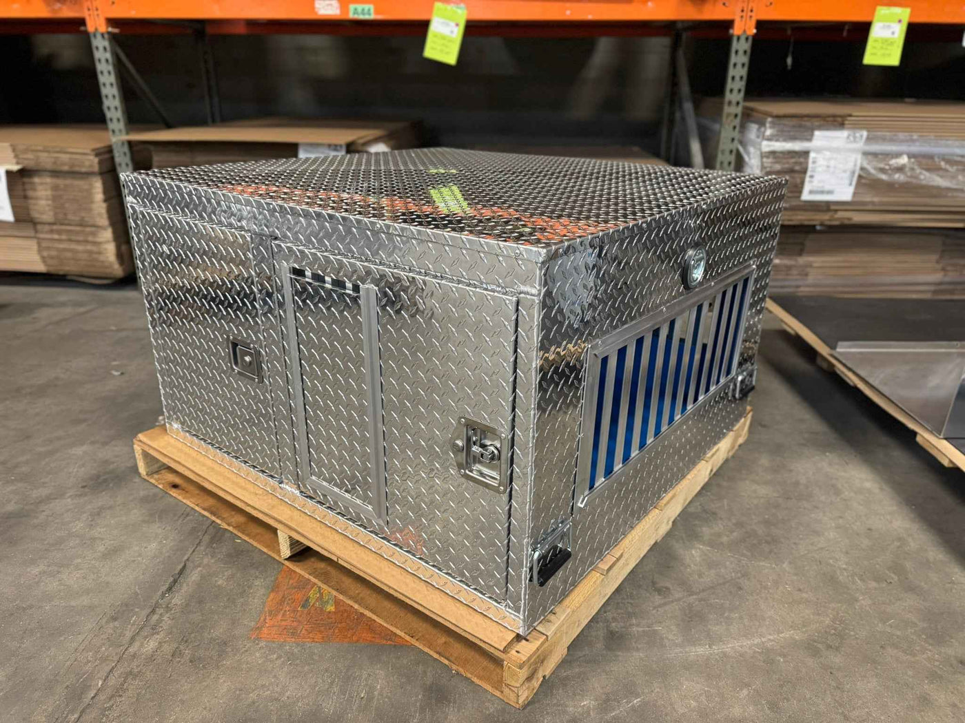 Dog Crate 55127 Professional K9 Series Search & Rescue / Single Compartment / Side Drawer Storage / 47 W X 45 D X 27 H / All Season Vents / Bright / Diamond Tread Aluminum / Owens Products Professional K9 Series Owens Products