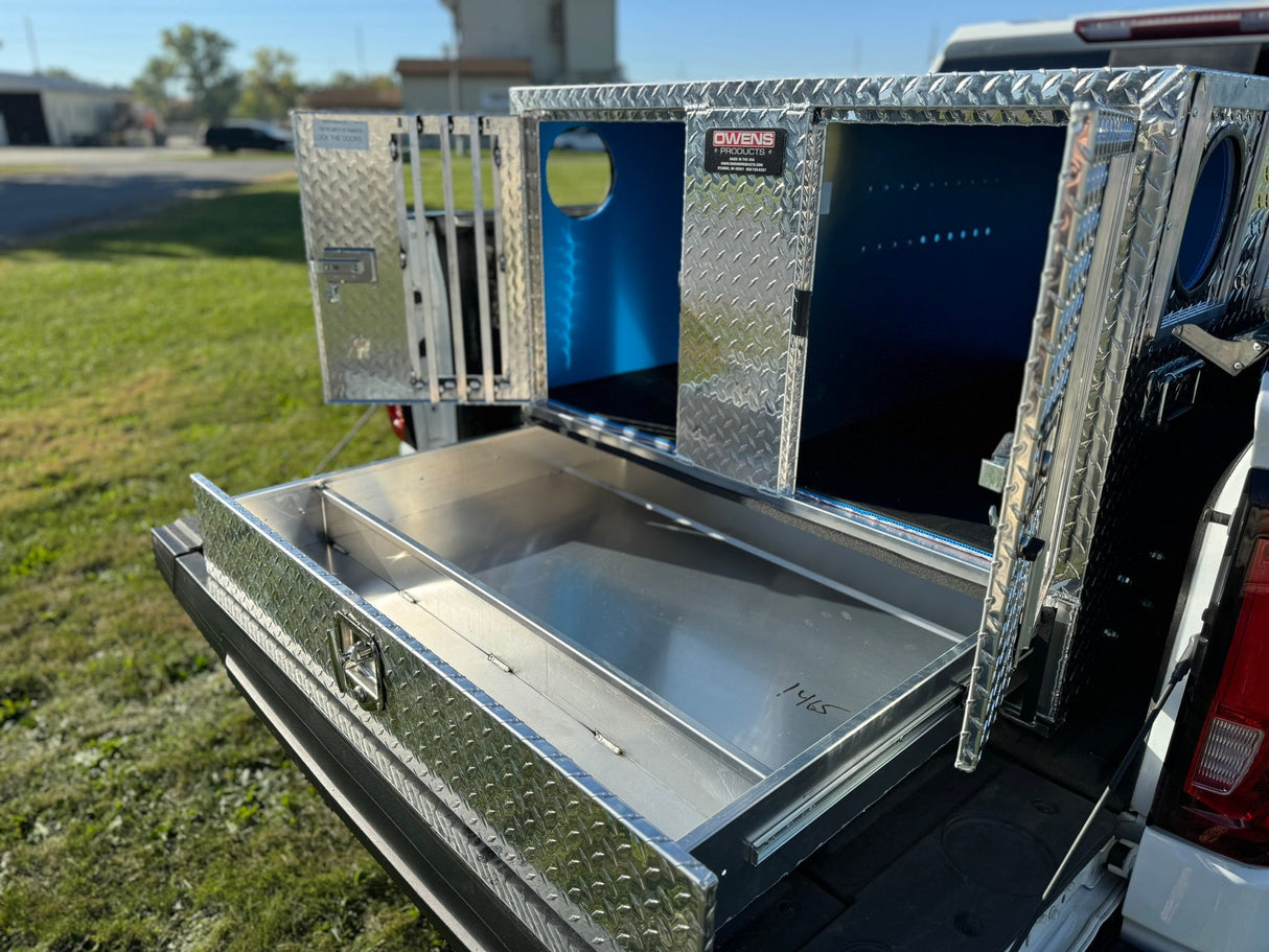 Dog Box 55080W Pro Hunter Series Double Compartment with Bottom Drawer / 46 W x 45 D x 32 H / Bear/Cat / Special Order / Striker Holes / Diamond Tread Aluminum / Owens Products
