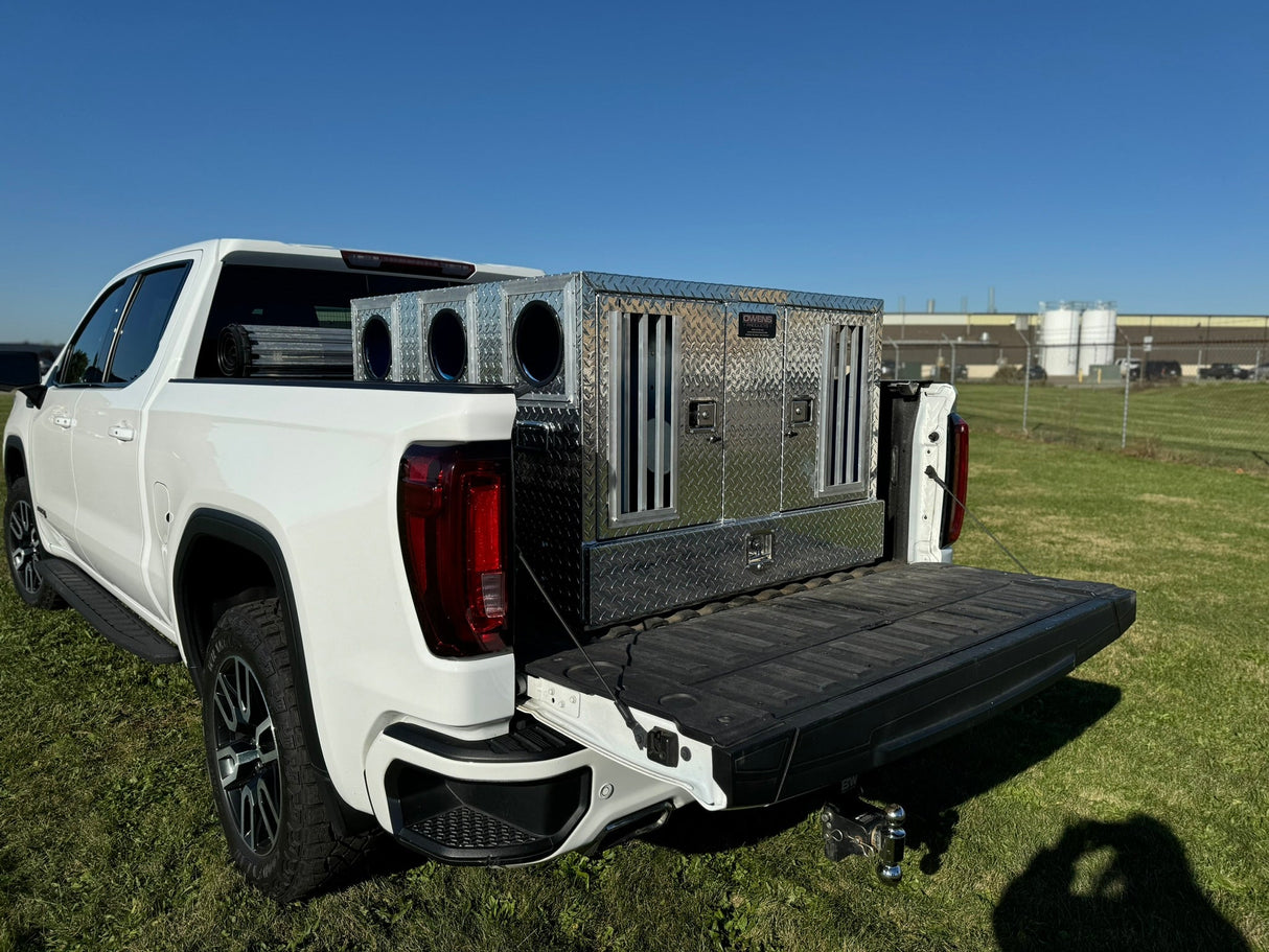 Dog Box 55080W Pro Hunter Series Double Compartment with Bottom Drawer / 46 W x 45 D x 32 H / Bear/Cat / Special Order / Striker Holes / Diamond Tread Aluminum / Owens Products