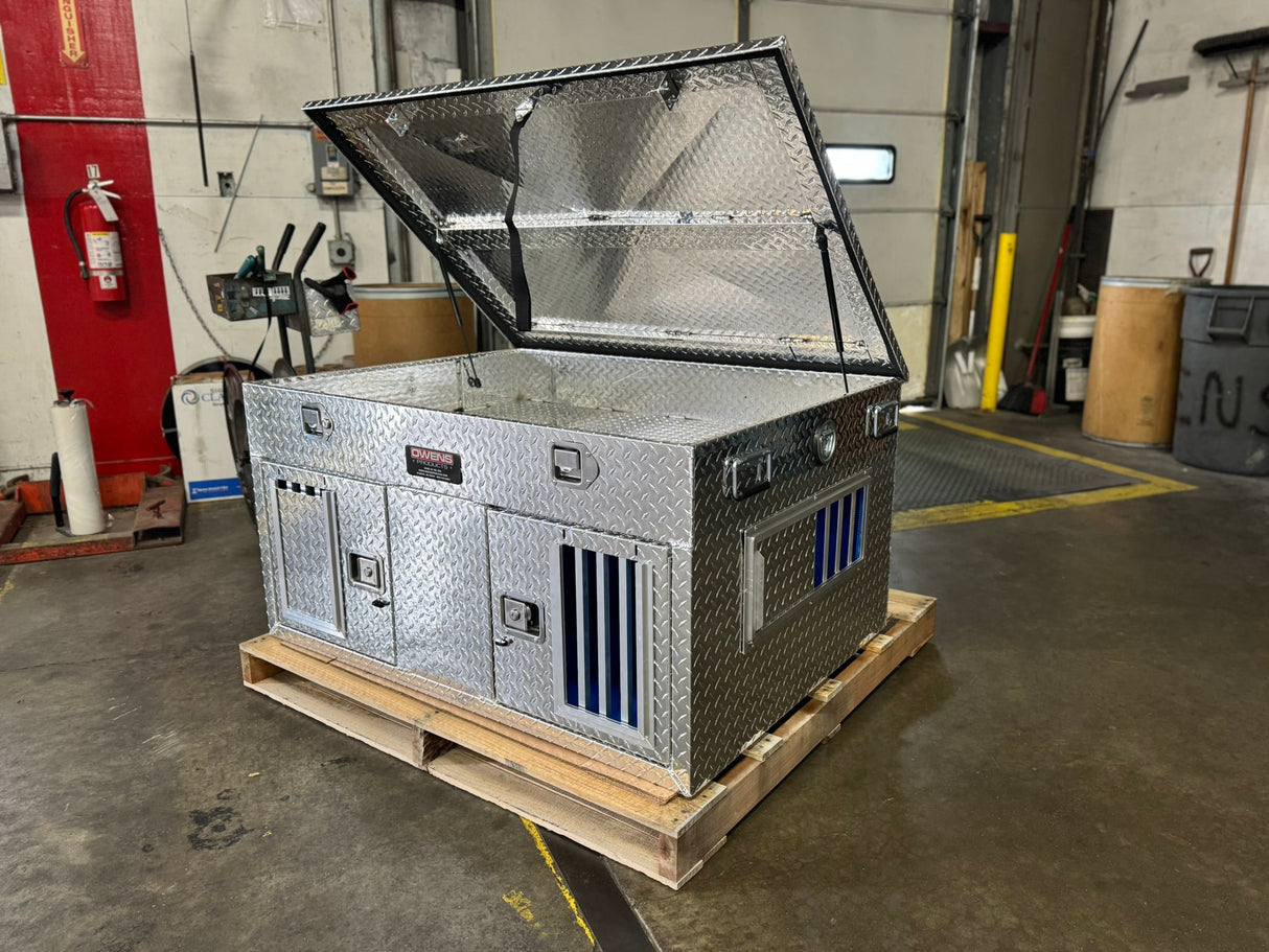 Dog Box 55030 Hunter Series Double Compartment with Top Storage / 48 W x 36 D x 26 H / Shallow / Standard Vents / Diamond Tread Aluminum / Owens Products Hunter Series Owens Products