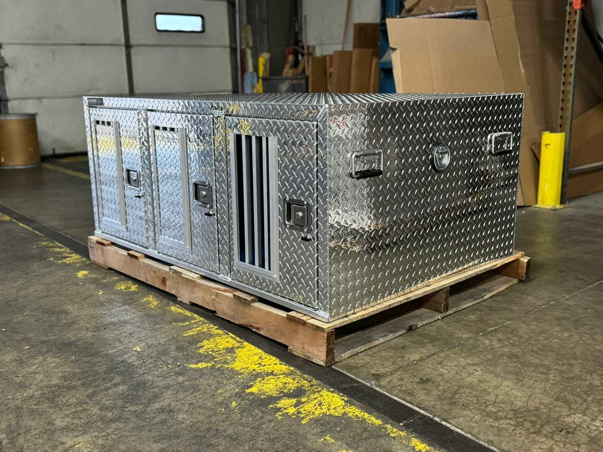 Dog Box 55114RV Hunter Series Tall Trailer Triple Compartment / 58 W X 40 D X 24 H / Right Swing Doors / Tall / Diamond Tread Aluminum / Owens Products