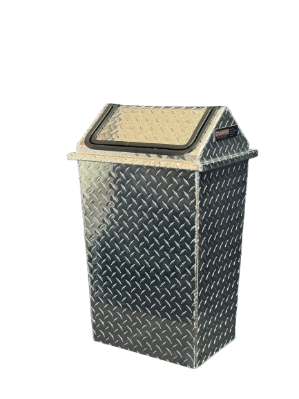 RaceMates 39248 Trash Can Waste Receptacle with Swinging Lid / Large / Diamond Tread Aluminum / Owens Products