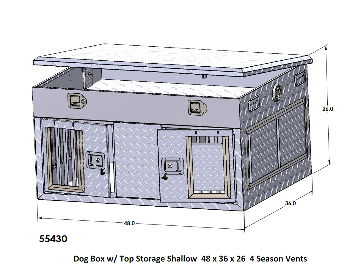 Dog Box 55430 Hunter Series Shallow Double Compartment with Top Storage / 48 W X 36 D X 26 H / Shallow / All Season Vents / Diamond Tread Aluminum / Owens Products