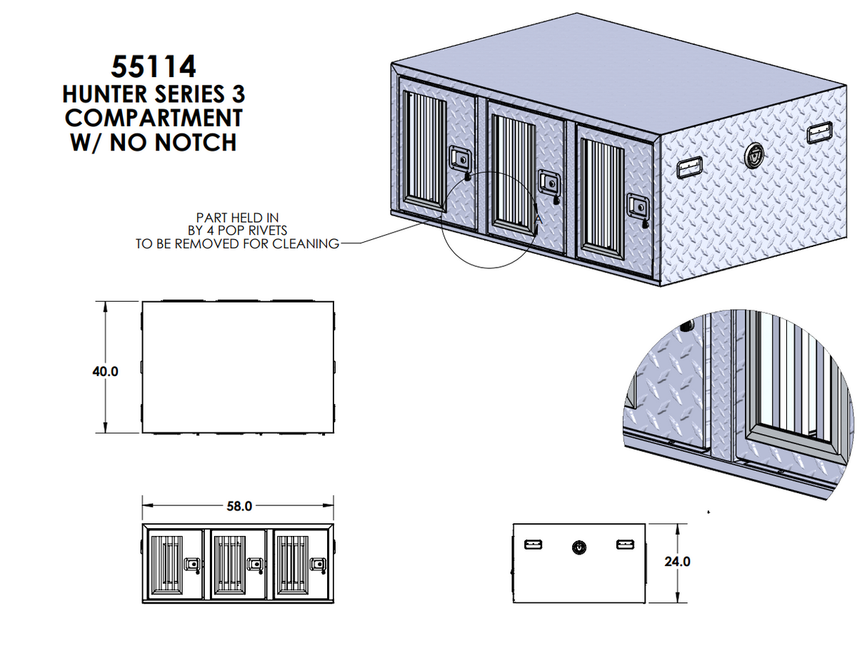 Dog Box 55114L Hunter Series Tall Trailer Triple Compartment / 58 W X 40 D X 24 H / Left Swing Doors / Tall / Diamond Tread Aluminum / Owens Products