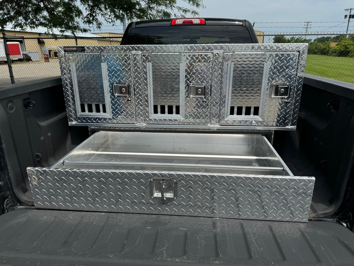 Dog Box 55111 Triple Compartment Bottom Storage Dog Box / 58 W X 40 D X 29 H / Diamond Tread Aluminum / Owens Products