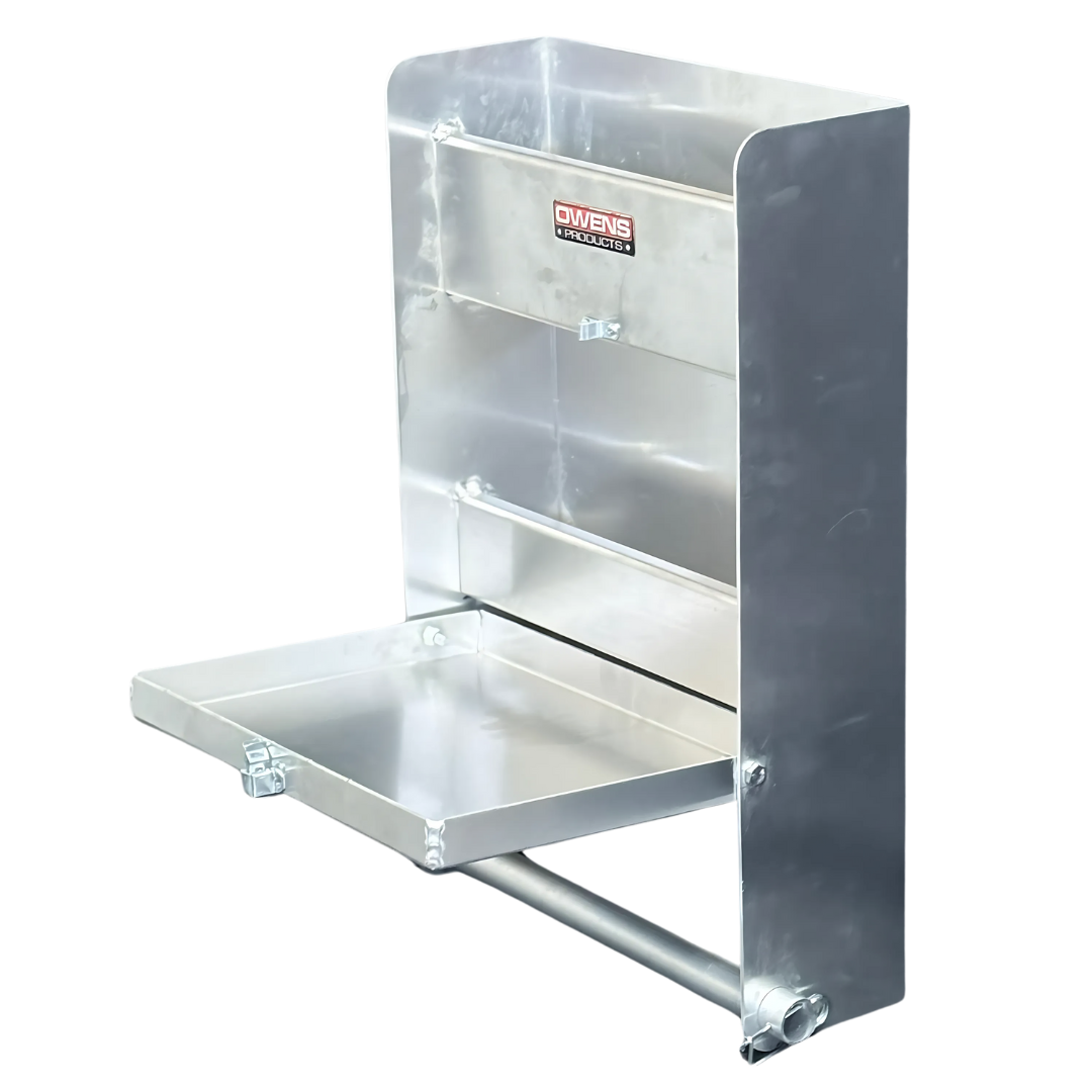 Small Mechanics Storage Cabinet With Fold Down Tray & Paper Towel Holder / RaceMate / Smooth Mill Finish Aluminum / Silver / Owens Products / 39100