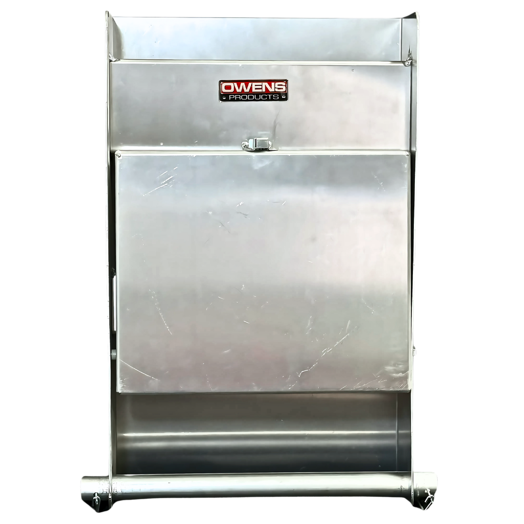 Small Mechanics Storage Cabinet With Fold Down Tray & Paper Towel Holder / RaceMate / Smooth Mill Finish Aluminum / Silver / Owens Products / 39100