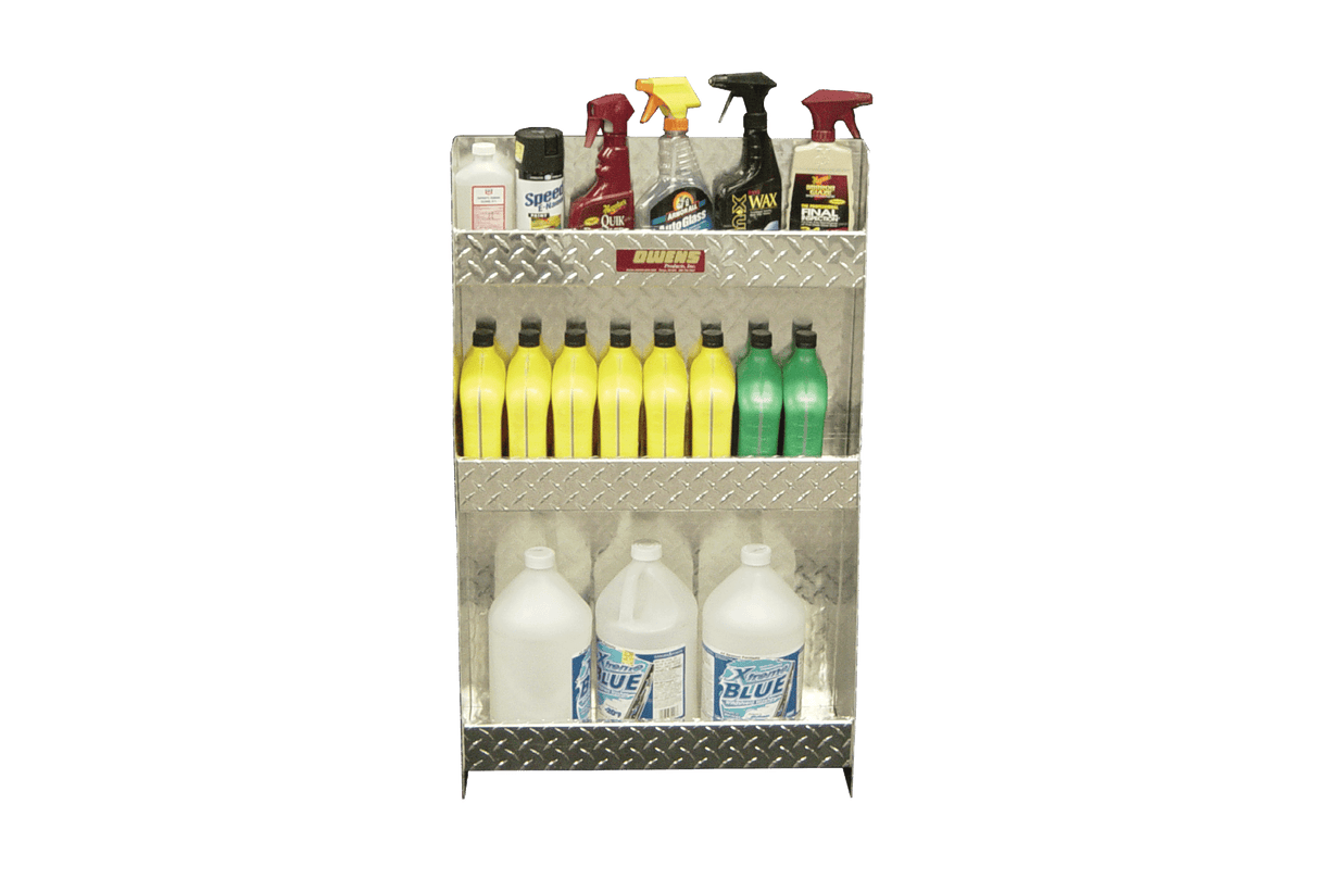 RaceMates 39205 3 Tier Storage Shelf: Aerosol, Quart, Gallon / Diamond Tread Aluminum / Owens Products