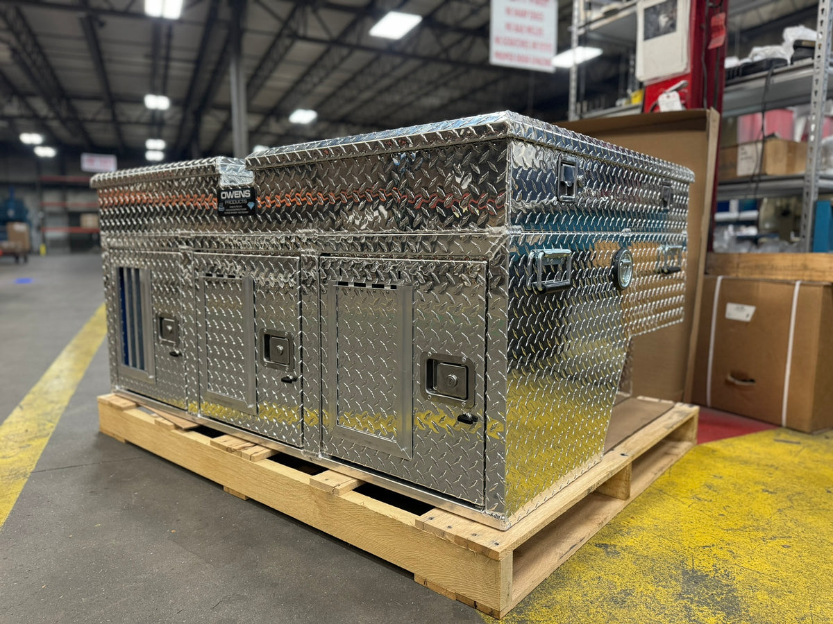 Dog Box 55053 Hunter Series Triple Compartment with Top Storage / 58 W x 40 D x 26 H / with Wheel Well Notches / All Seasons Rear Vents / Diamond Tread Aluminum / Owens Products Hunter Series Owens Products