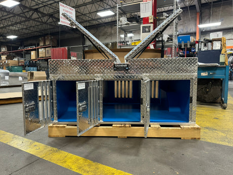 Dog Box 55053 Hunter Series Triple Compartment with Top Storage / 58 W x 40 D x 26 H / with Wheel Well Notches / All Seasons Rear Vents / Diamond Tread Aluminum / Owens Products