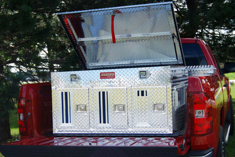 Dog Box 55055 Hunter Series Triple Compartment with Top Storage / 48 W x 45 D x 26 H / Standard Vents / Diamond Tread Aluminum / Owens Products Hunter Series Owens Products