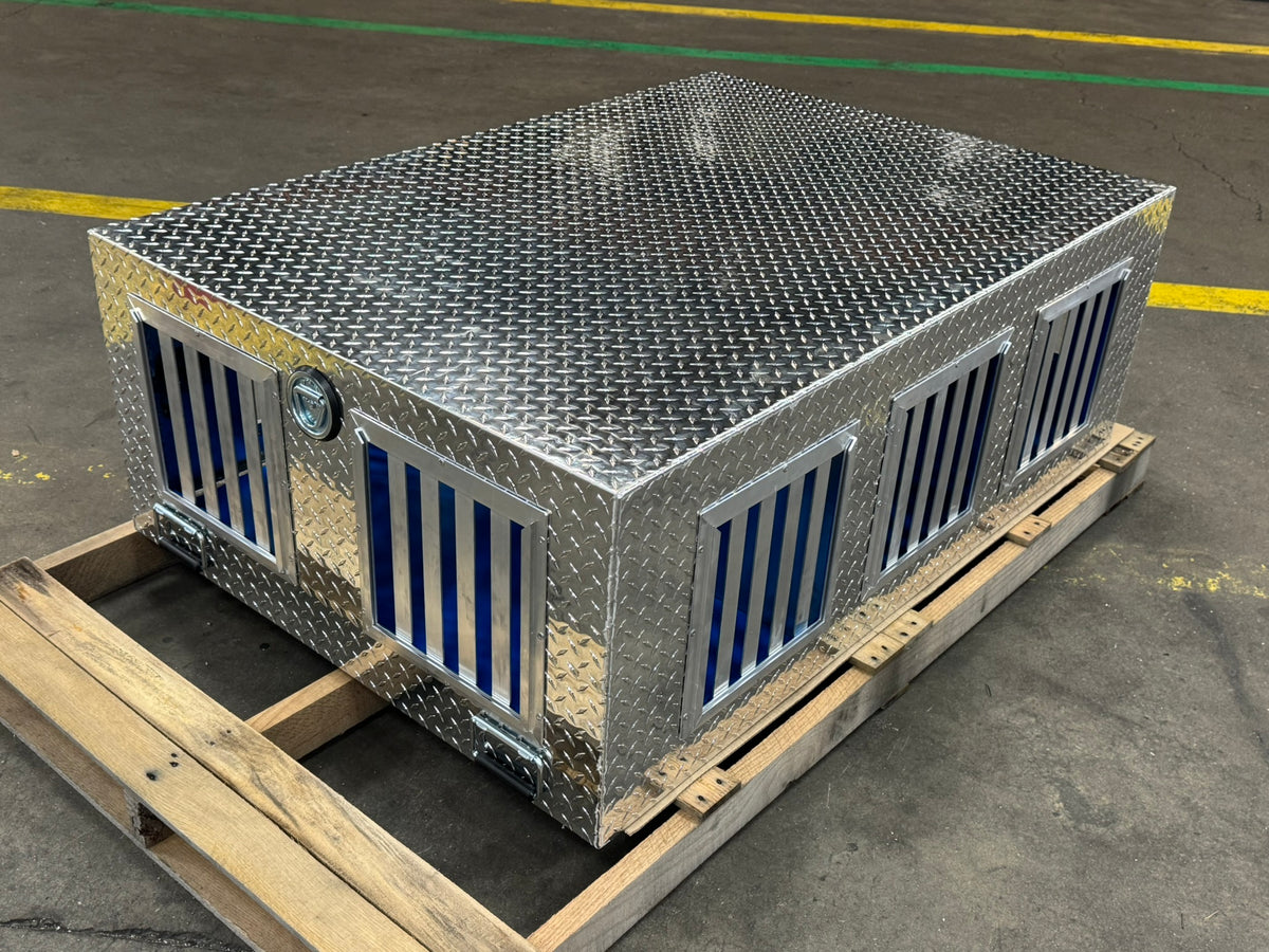 Dog Box 55075V Hunter Series Triple Compartment / 58 W X 40 D X 20 H / Side Vents & All Seasons Rear Vents / Diamond Tread Aluminum / Owens Products Dog Box Owens Products