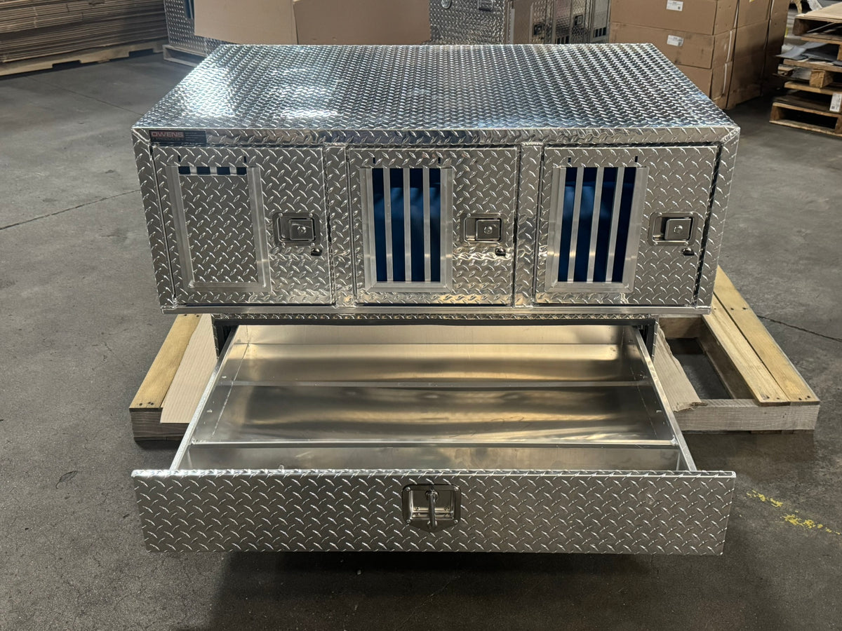 Dog Box 55111 Triple Compartment Bottom Storage Dog Box / 58 W X 40 D X 28 H / Diamond Tread Aluminum / Owens Products Pro Hunter Series Owens Products