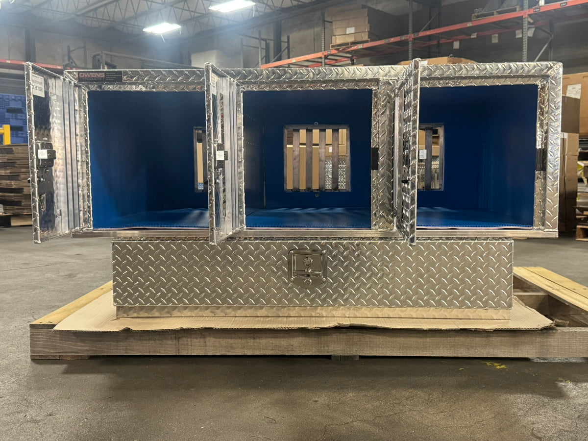 Dog Box 55111 Triple Compartment Bottom Storage Dog Box / 58 W X 40 D X 28 H / Diamond Tread Aluminum / Owens Products Pro Hunter Series Owens Products