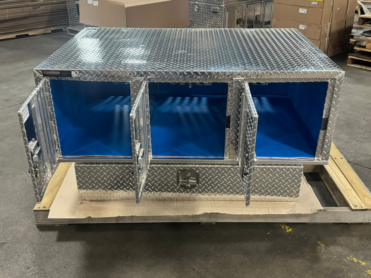 Dog Box 55111 Triple Compartment Bottom Storage Dog Box / 58 W X 40 D X 28 H / Diamond Tread Aluminum / Owens Products Pro Hunter Series Owens Products