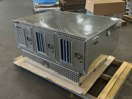 Dog Box 55111 Triple Compartment Bottom Storage Dog Box / 58 W X 40 D X 28 H / Diamond Tread Aluminum / Owens Products Pro Hunter Series Owens Products