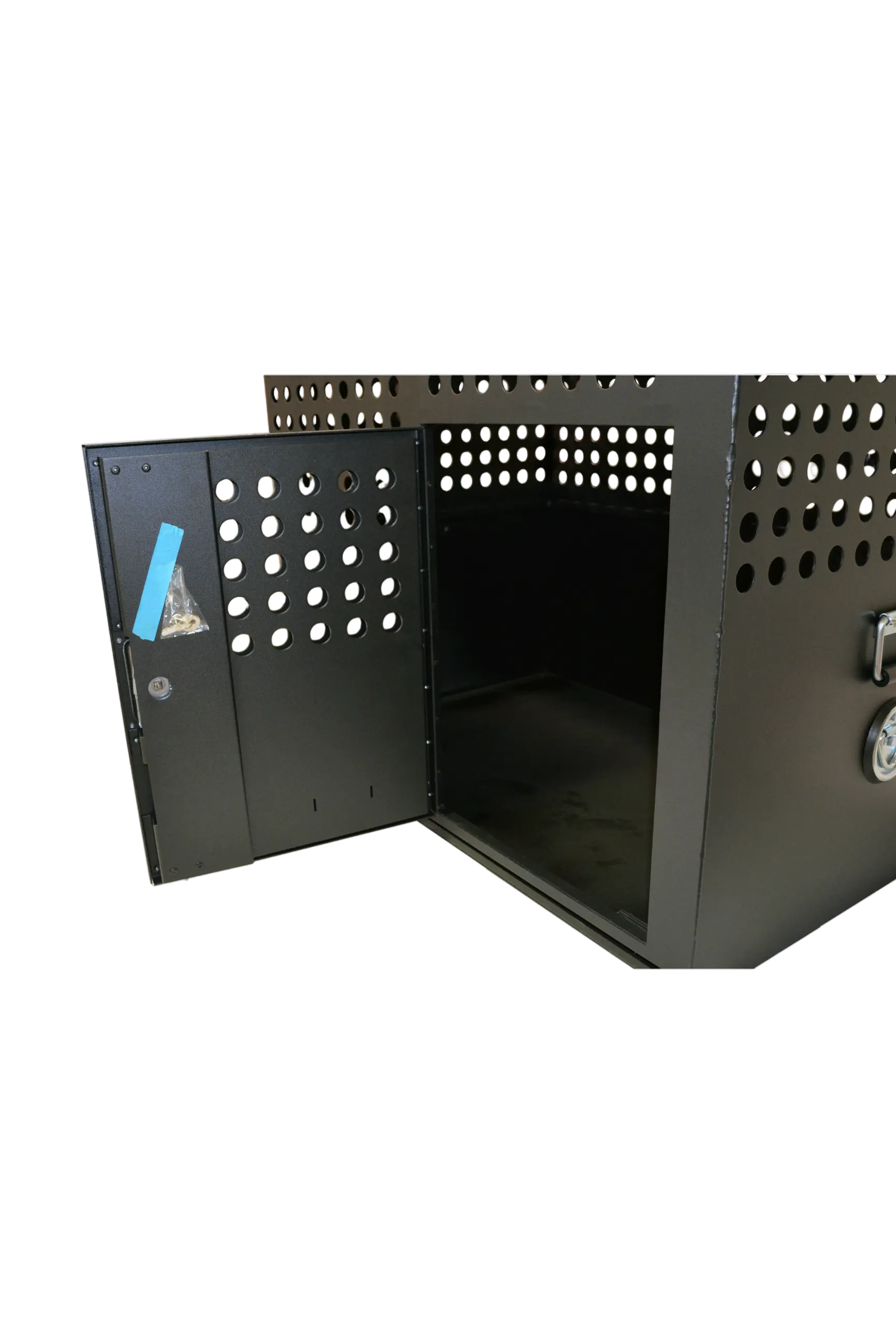 Dog Crate 55312 Professional K9 Series Large Tactical Single Compartment / Opposite Side Door / 36 W x 24 D x 29 H / Holes for Ventilation / Black / Mill Finish Aluminum / Owens Products Professional K9 Series Owens Products
