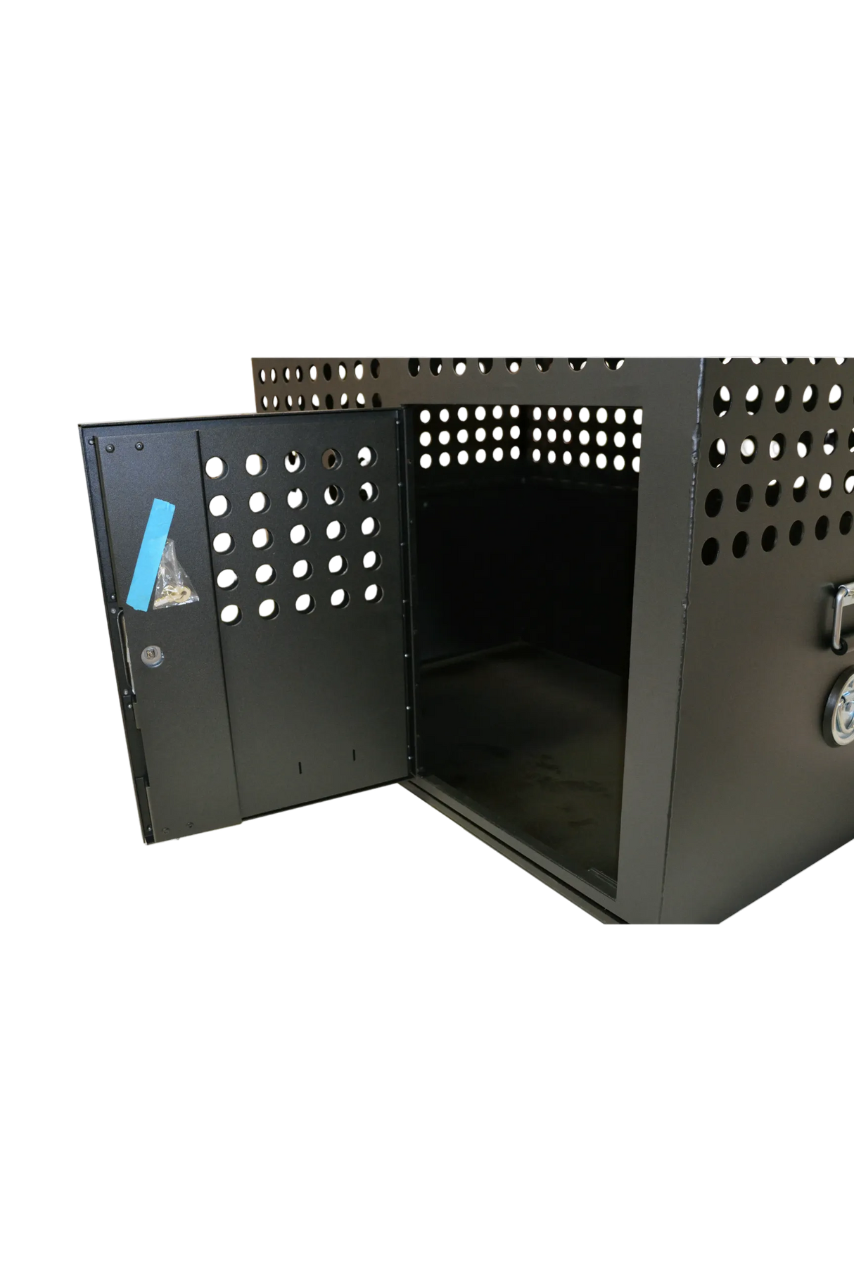 Dog Crate 55312 Professional K9 Series Large Tactical Single Compartment / Opposite Side Door / 36 W x 24 D x 29 H / Holes for Ventilation / Black / Mill Finish Aluminum / Owens Products Professional K9 Series Owens Products