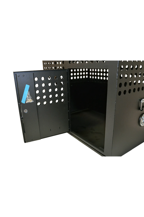 Dog Crate 55312 Professional K9 Series Large Tactical Single Compartment / Opposite Side Door / 36 W x 24 D x 29 H / Holes for Ventilation / Black / Mill Finish Aluminum / Owens Products Professional K9 Series Owens Products