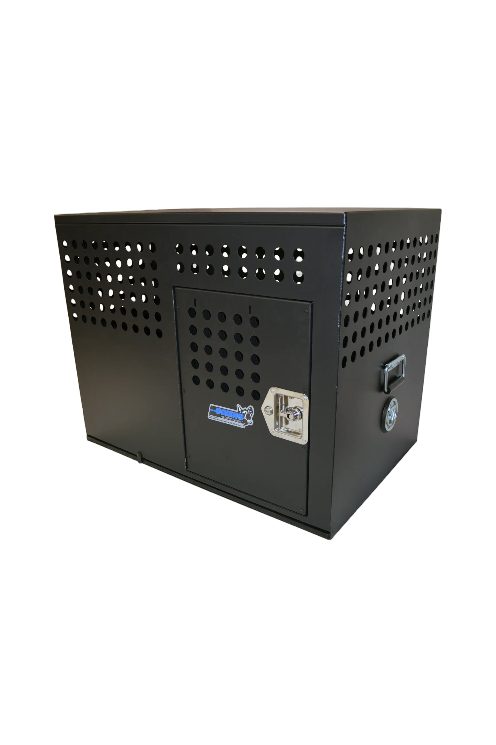 Dog Crate 55312 Professional K9 Series Large Tactical Single Compartment / Opposite Side Door / 36 W x 24 D x 29 H / Holes for Ventilation / Black / Mill Finish Aluminum / Owens Products Professional K9 Series Owens Products